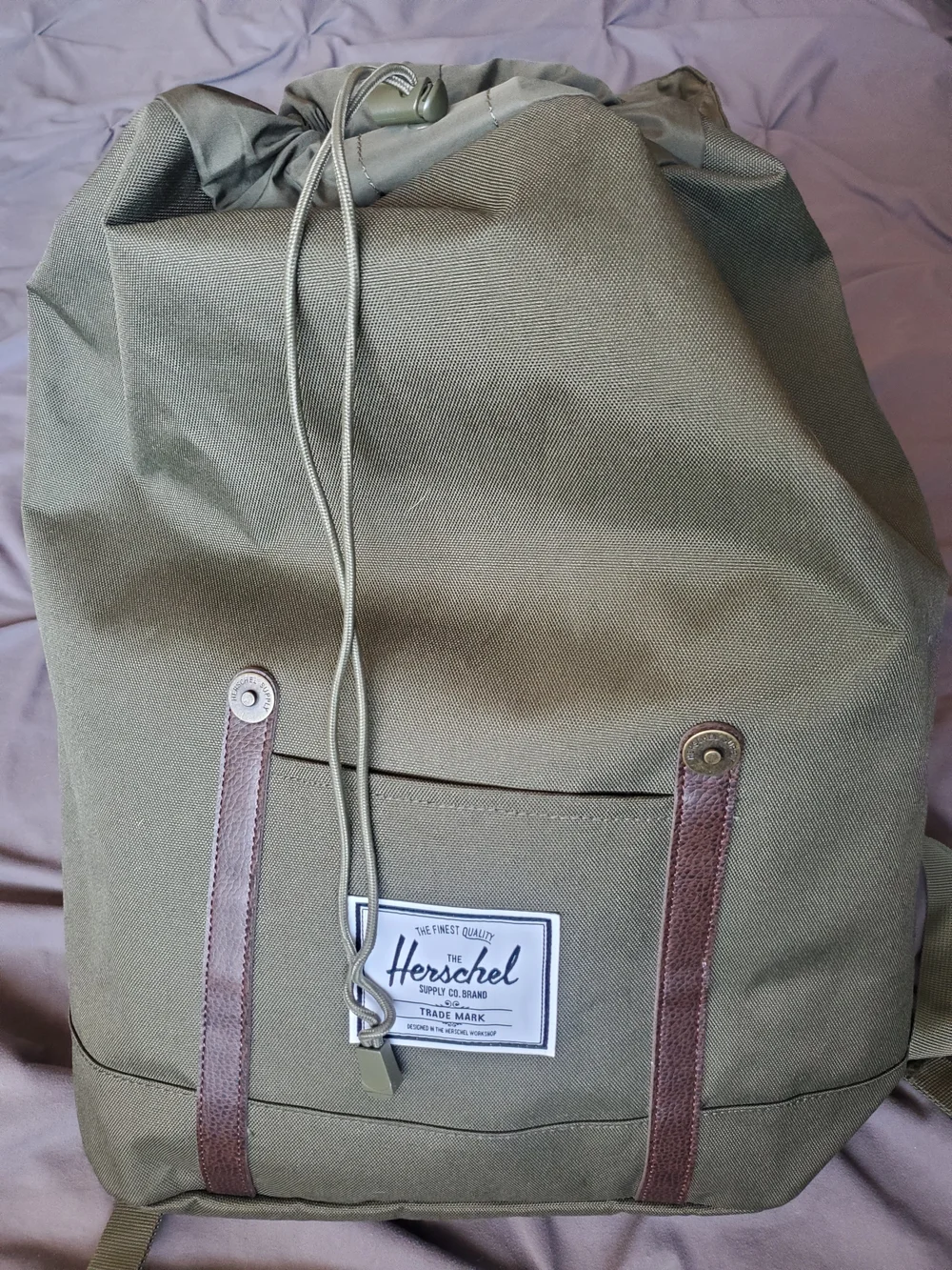 Herschel Supply Company Green Canvas Backpack with Brown Leather Straps